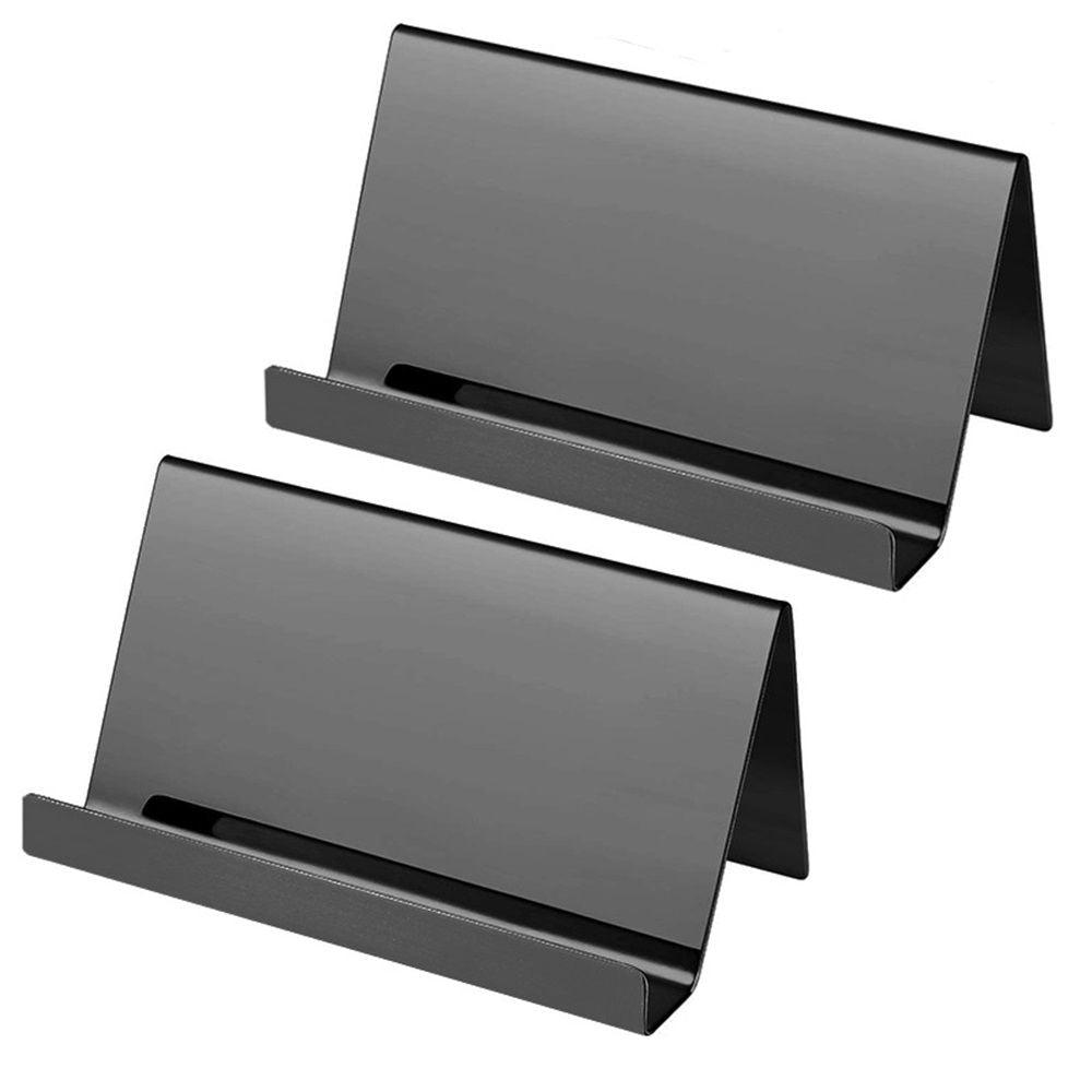 2pcs Business Card Holder, Reflective  Stainless Steel Desktop Name Cards Display Stand for Office Desk, Black