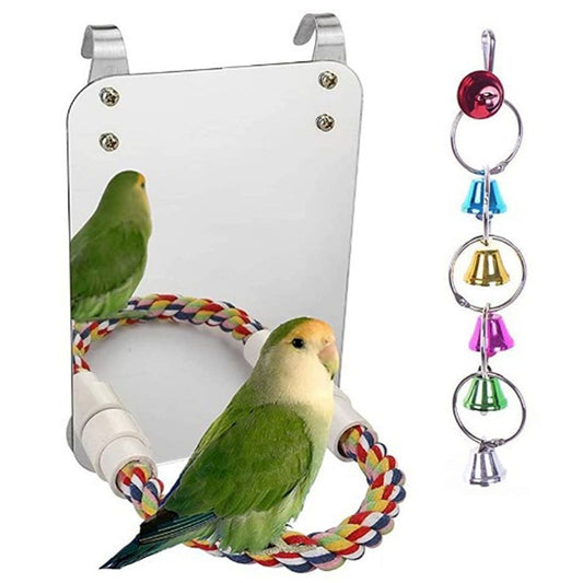 Bird Mirror for Cage, Bird Parrot Mirror with Rope for Cockatiel Conures, Lovebirds, Parrot, Canaries, and Budgies（Mirror+6 Bell String）