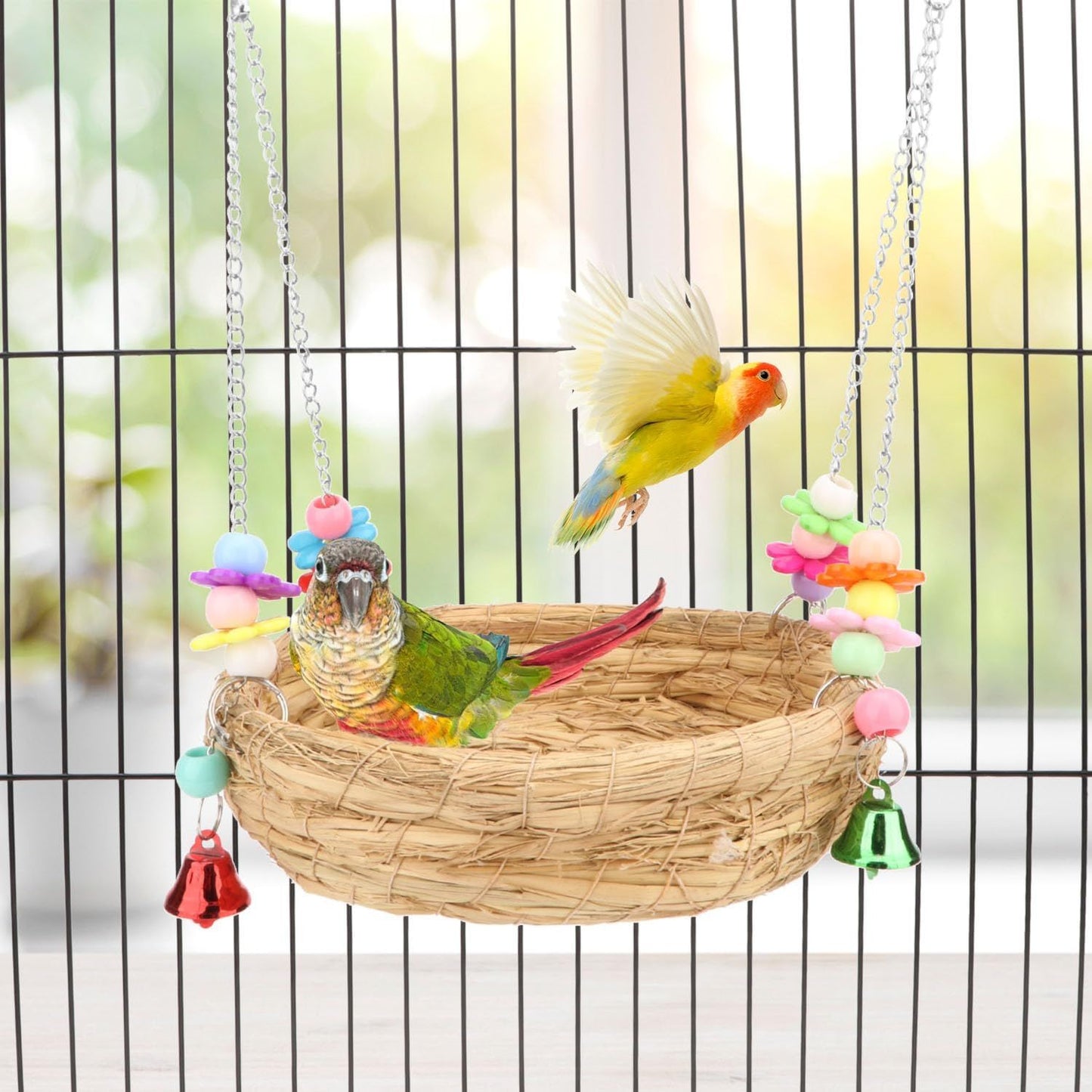 woven straw nest bed parrot long tailed parrot parrot buji canary love birdcage perch with bell big bird swing toy