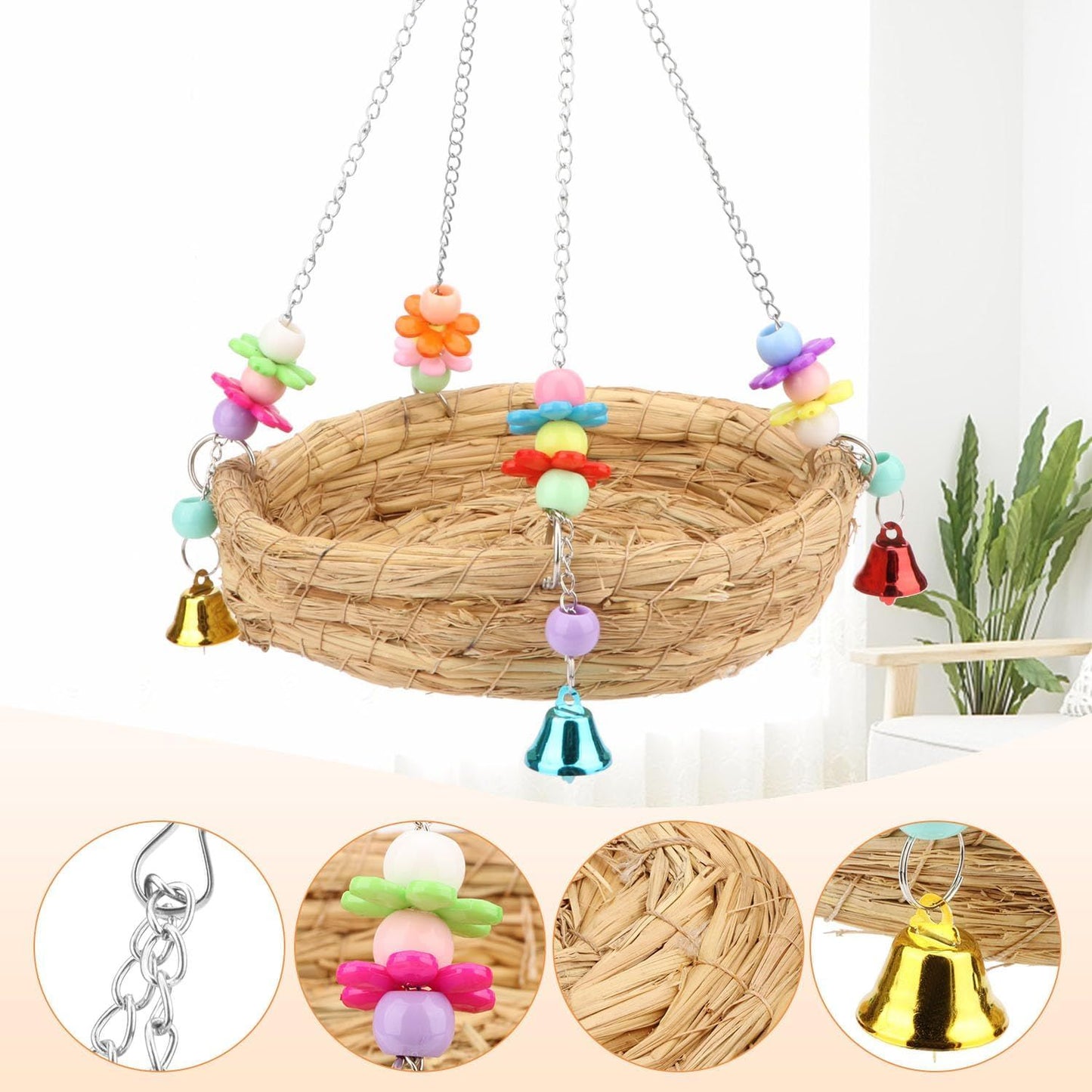 woven straw nest bed parrot long tailed parrot parrot buji canary love birdcage perch with bell big bird swing toy