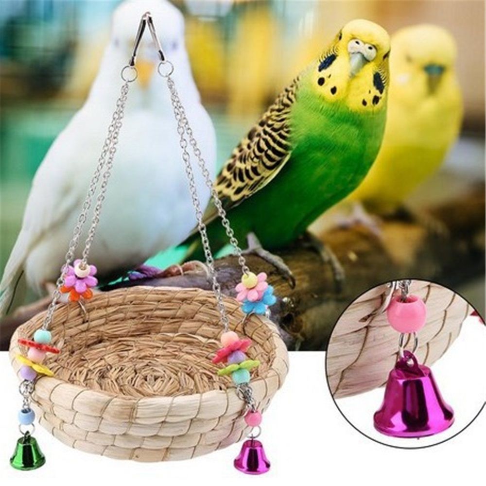 woven straw nest bed parrot long tailed parrot parrot buji canary love birdcage perch with bell big bird swing toy