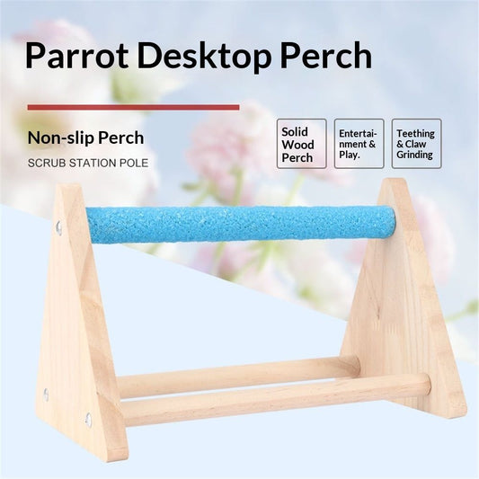 Parrot Bird Wooden Bass Rack Game Toy Gym Bird Grinding Bass Small Phoenix Head Parrot Cone Long Tail Parrot Table Platform（Blue）