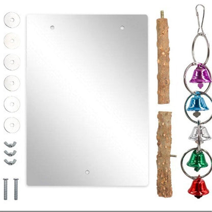 A large bird mirror toy with a perch rack, a parrot mirror with a bird chime toy, birdcage accessories, suitable for parrots