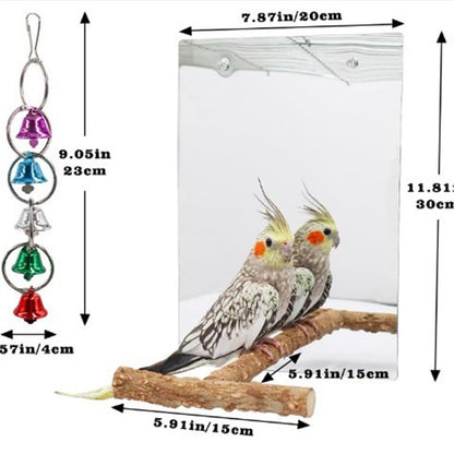 A large bird mirror toy with a perch rack, a parrot mirror with a bird chime toy, birdcage accessories, suitable for parrots