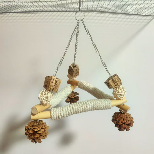 A large bird swing with a cage for chewing toys, 3 bird pads wrapped in sisal, and a stable triangular design, a wooden hanging toy swing (small)
