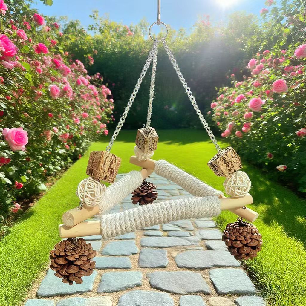 A large bird swing with a cage for chewing toys, 3 bird pads wrapped in sisal, and a stable triangular design, a wooden hanging toy swing (small)