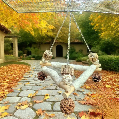 A large bird swing with a cage for chewing toys, 3 bird pads wrapped in sisal, and a stable triangular design, a wooden hanging toy swing (small)