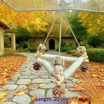A large bird swing with a cage for chewing toys, 3 bird pads wrapped in sisal, and a stable triangular design, a wooden hanging toy swing (small)