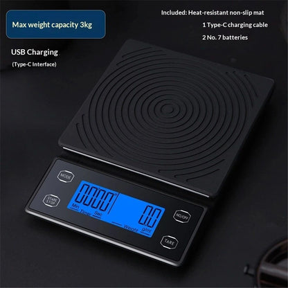 Espresso Scale with Timer 3kg/0.1g Accuracy Coffee Bean Scale Digital Pour Over Coffee Scale Portable Suitable for Coffee Lovers and Baristas