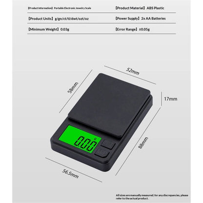 Portable Milligram Scale 500g/0.01g, Gram Scale with 7 Units, High Precision Powder Scale with Cover, Backlit LCD（Battery not included）