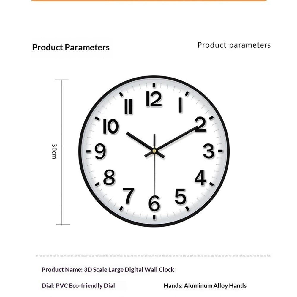 12 Inch Wall Clock, 3D Number Quartz Battery Operated Silent Non-Ticking Round Wall Clocks for Office Bedroom Decorative（Battery not included）