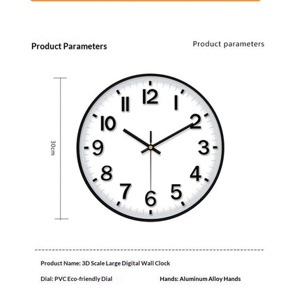 12 Inch Wall Clock, 3D Number Quartz Battery Operated Silent Non-Ticking Round Wall Clocks for Office Bedroom Decorative（Battery not included）