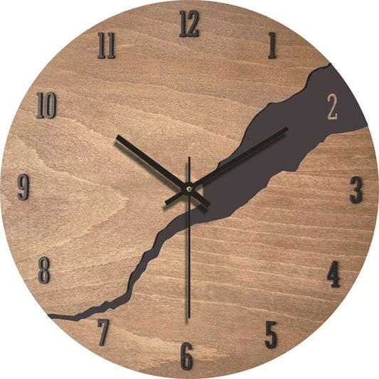 12Inch Simple Cracked Wooden Wall Clock - Silent Non-Ticking Large Wall Clock Creative Decor for Living Room Office (Battery not included)