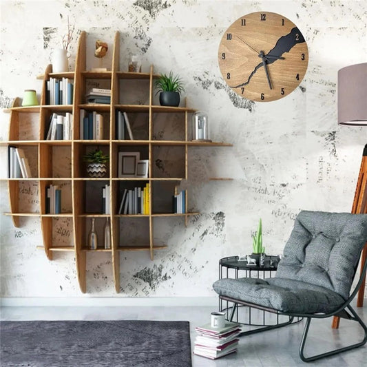 12Inch Simple Cracked Wooden Wall Clock - Silent Non-Ticking Large Wall Clock Creative Decor for Living Room Office (Battery not included)
