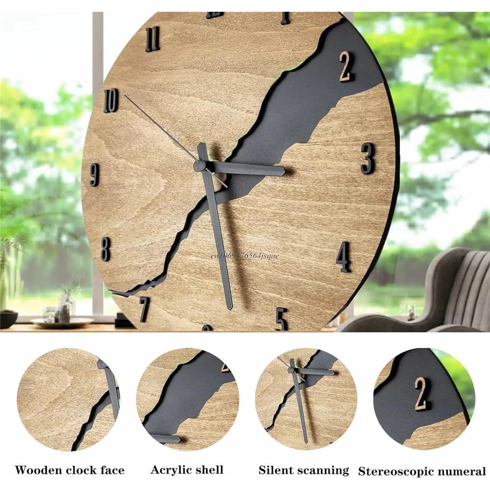 12Inch Simple Cracked Wooden Wall Clock - Silent Non-Ticking Large Wall Clock Creative Decor for Living Room Office (Battery not included)