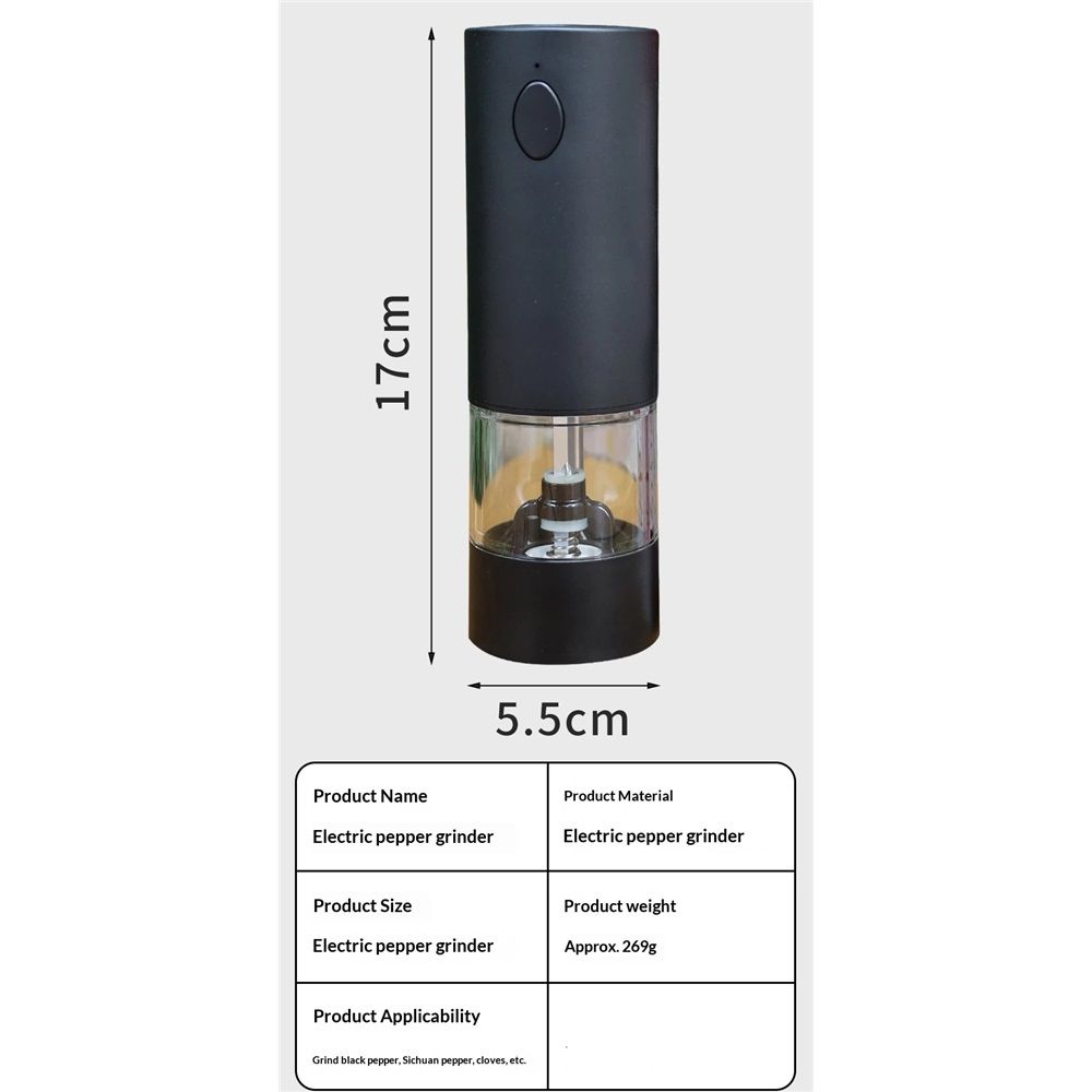 Rechargeable Electric Pepper Grinder, Salt Grinder Pepper Mill with Washable Container, White LED Light and External Adjustable Coarseness, Black