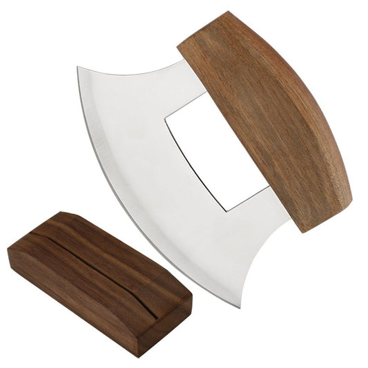 Pizza Cutter 5.1 Inch Chef Knife Handle Wood Grip Sharp Rocker Slicer Stainless Steel Blade Salad Onion Vegetable Chopper with Holder Base Gifts