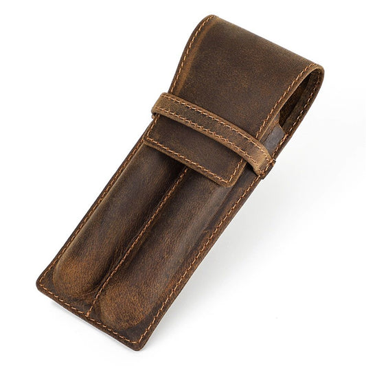 Leather 2 Slots Pen Holder Case Luxury Fountain Pen Sleeve Organizer Bag, Closing with Drawer Design, Gift Choice for Man/Woman/Office, Matte Coffee
