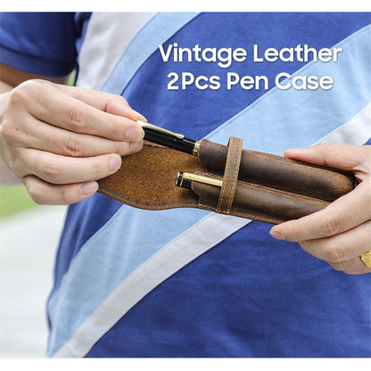 Leather 2 Slots Pen Holder Case Luxury Fountain Pen Sleeve Organizer Bag, Closing with Drawer Design, Gift Choice for Man/Woman/Office, Matte Coffee