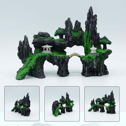 Fish Tank Mountain View Decoration Aquarium Stone Ornament Bridge with Moss Tree House Cave for Small Betta Shrimp Hide