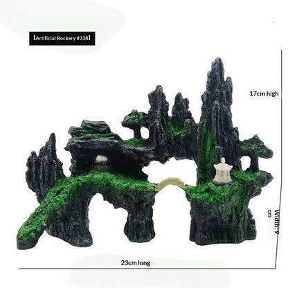 Fish Tank Mountain View Decoration Aquarium Stone Ornament Bridge with Moss Tree House Cave for Small Betta Shrimp Hide