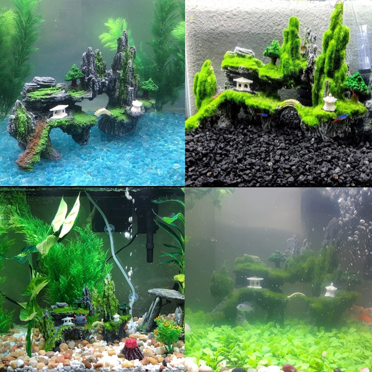 Fish Tank Mountain View Decoration Aquarium Stone Ornament Bridge with Moss Tree House Cave for Small Betta Shrimp Hide