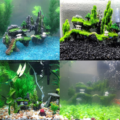 Fish Tank Mountain View Decoration Aquarium Stone Ornament Bridge with Moss Tree House Cave for Small Betta Shrimp Hide