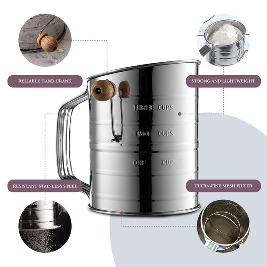 Flour Sifter for Baking, Stainless Steel Flour Sieve Fine Mesh Screen Powder Sifters with Loop Agitator for Quick Sifting, Hand Crank Sifter for Cooking Baking Kitchen Sugar Utensil DIY