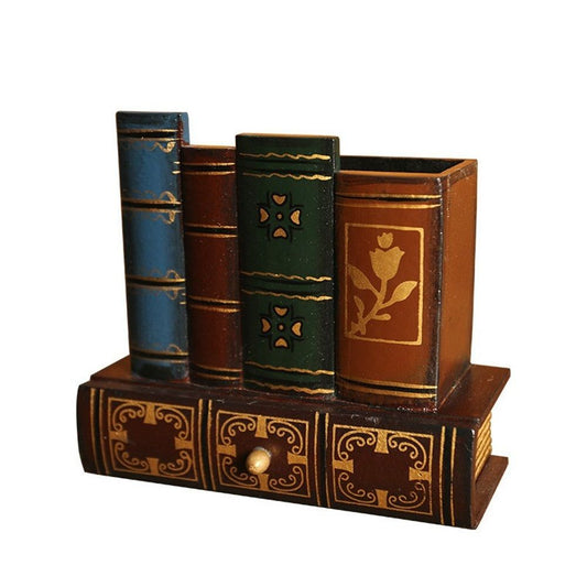 Decorative Desk Organizer Caddy, Pencil and Pen Holder with Bottom Storage Drawer and Antique Library Books Design