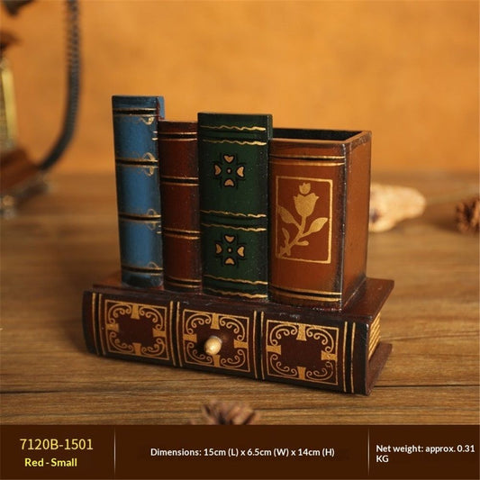 Decorative Desk Organizer Caddy, Pencil and Pen Holder with Bottom Storage Drawer and Antique Library Books Design
