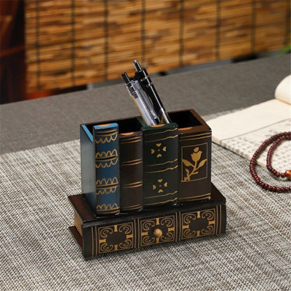 Decorative Desk Organizer Caddy, Pencil and Pen Holder with Bottom Storage Drawer and Antique Library Books Design