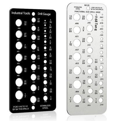 2 pack  Stainless Steel Drill Gauge - 29-Holes Standard Metric Size, 1/16 Inch to 1/2 Inch Drill Bit Index, 1pc Black + 1pc Silver