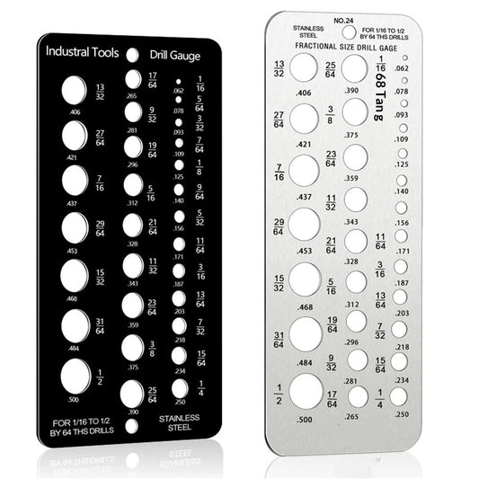 2 pack  Stainless Steel Drill Gauge - 29-Holes Standard Metric Size, 1/16 Inch to 1/2 Inch Drill Bit Index, 1pc Black + 1pc Silver