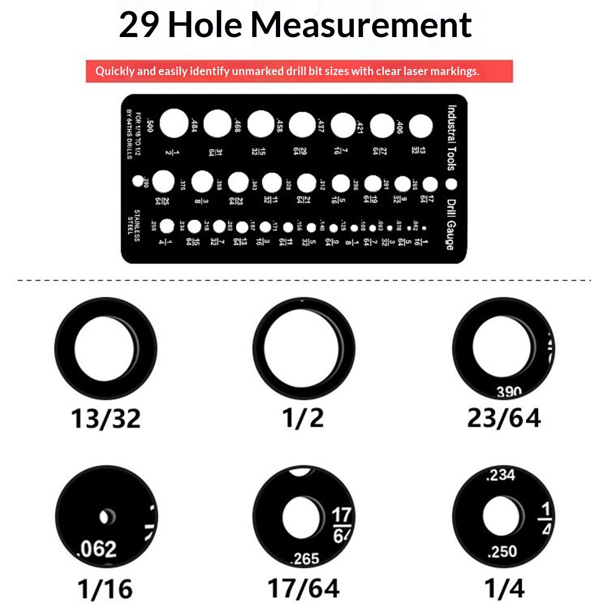 2 pack  Stainless Steel Drill Gauge - 29-Holes Standard Metric Size, 1/16 Inch to 1/2 Inch Drill Bit Index, 1pc Black + 1pc Silver