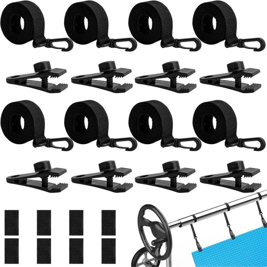 Pool Solar Cover Reel Clips & Straps Kit 24Pcs, Pool Solar Blanket Straps Kit Including 8 Straps with Hooks, 8 Clamps & 8 Touch Fastener