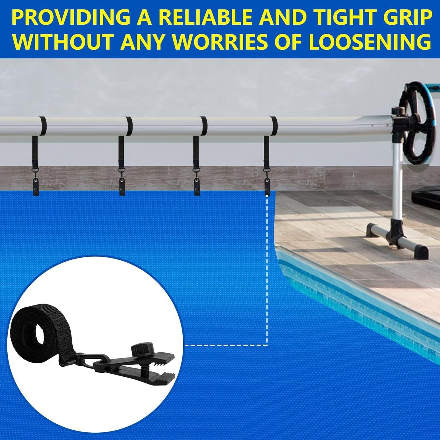 Pool Solar Cover Reel Clips & Straps Kit 24Pcs, Pool Solar Blanket Straps Kit Including 8 Straps with Hooks, 8 Clamps & 8 Touch Fastener