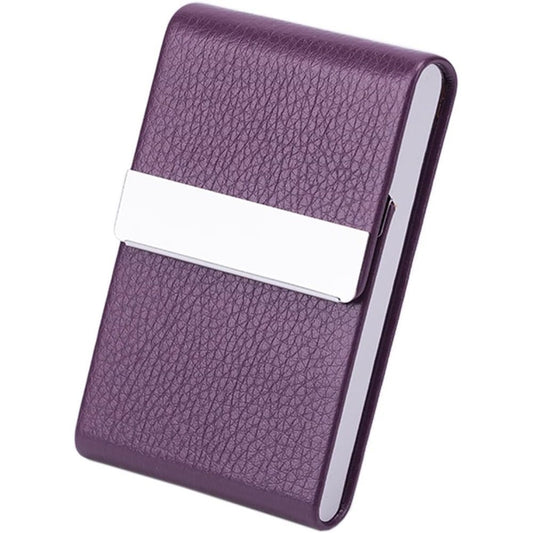 2 pack Business Card Holder, Slim PU Leather & Stainless Steel Business Card Case for Men & Women, Blocking Name Card Holder with Magnetic Closure, Purple