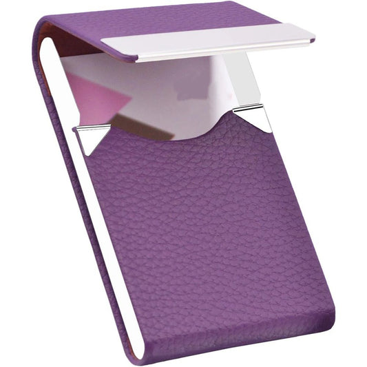 2 pack Business Card Holder, Slim PU Leather & Stainless Steel Business Card Case for Men & Women, Blocking Name Card Holder with Magnetic Closure, Purple