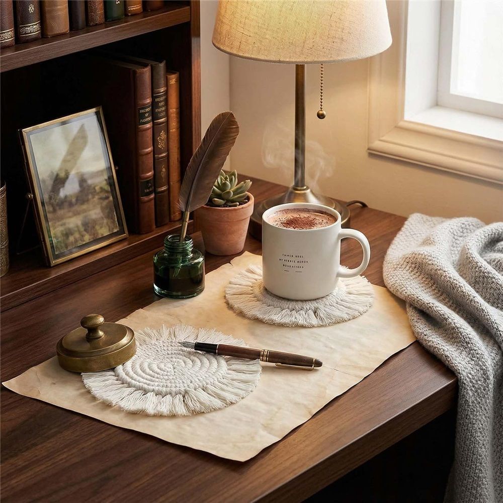 4 pack Coasters Woven Boho Handmade Placemats, for Desk Table Kitchen Dining Room Drink Picnic Housewarming Home Decor Rattan