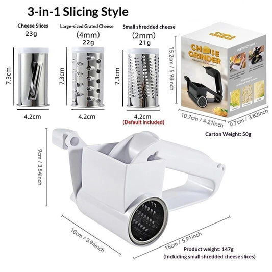 Rotary Cheese Grater with 3 Stainless Steel Drums – Manual Hand Crank Grater for Parmesan, Hard Cheese, Chocolate, Nuts – Durable Handheld Kitchen Tool (White)