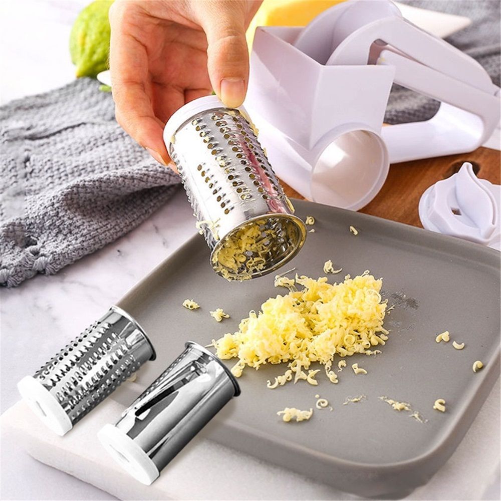 Rotary Cheese Grater with 3 Stainless Steel Drums – Manual Hand Crank Grater for Parmesan, Hard Cheese, Chocolate, Nuts – Durable Handheld Kitchen Tool (White)