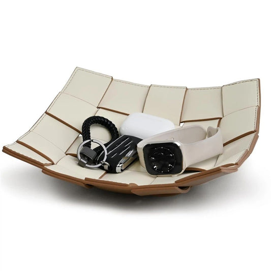 PU Leather Key Bowl for Men Women Entryway Table Nightstand Dump Tray for Wallet, Keys, Jewelry Men's Gift - Coffee & White, 23*6.5cm（only the box）