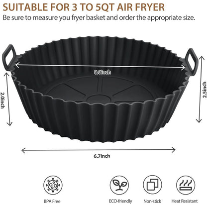 Silicone Air Fryer Liner 2 Pack, 8 inch Non-Stick Reusable Air Fryer Liners for Square and Round Basket, Airfryer Silicone Pot Baking Tray Oven Microwave Accessories, black