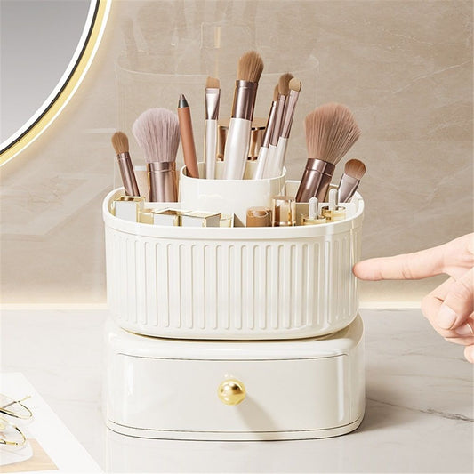360 Degree Rotatable Pen Holder with Drawer, 5 Slots Office Desk Organizer Pen Holder for Desk Multi-Functional Pencil Box Desktop Stationary Organizer（milky white,Only makeup box available）