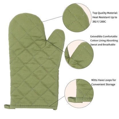 Oven Mitts and Pot Holders 4 pcs Set,High Heat Resistant 500 Degree Extra Thicken Long Kitchen Cotton Oven Glove for Cooking (11.8 Inch,Green)