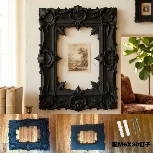 A gorgeous 3D-printed wall-mounted picture frame, perfect for displaying antique prints. Black.