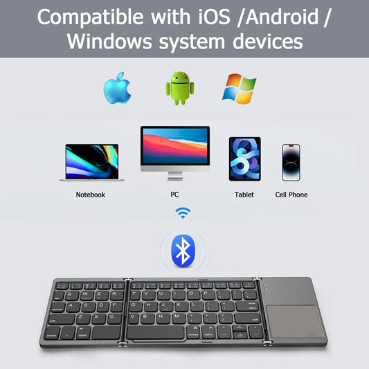 Foldable Bluetooth Keyboard with Touchpad, Wireless Portable Keyboard, Ultra Slim Rechargeable Folding Keyboard with Full-Size Keys for iOS Android Windows Laptop Tablet PC,Grey