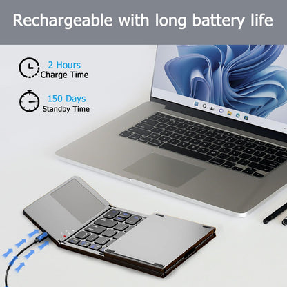Foldable Bluetooth Keyboard with Touchpad, Wireless Portable Keyboard, Ultra Slim Rechargeable Folding Keyboard with Full-Size Keys for iOS Android Windows Laptop Tablet PC,Grey