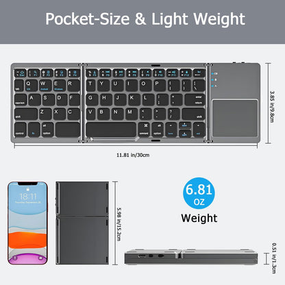 Foldable Bluetooth Keyboard with Touchpad, Wireless Portable Keyboard, Ultra Slim Rechargeable Folding Keyboard with Full-Size Keys for iOS Android Windows Laptop Tablet PC,Grey