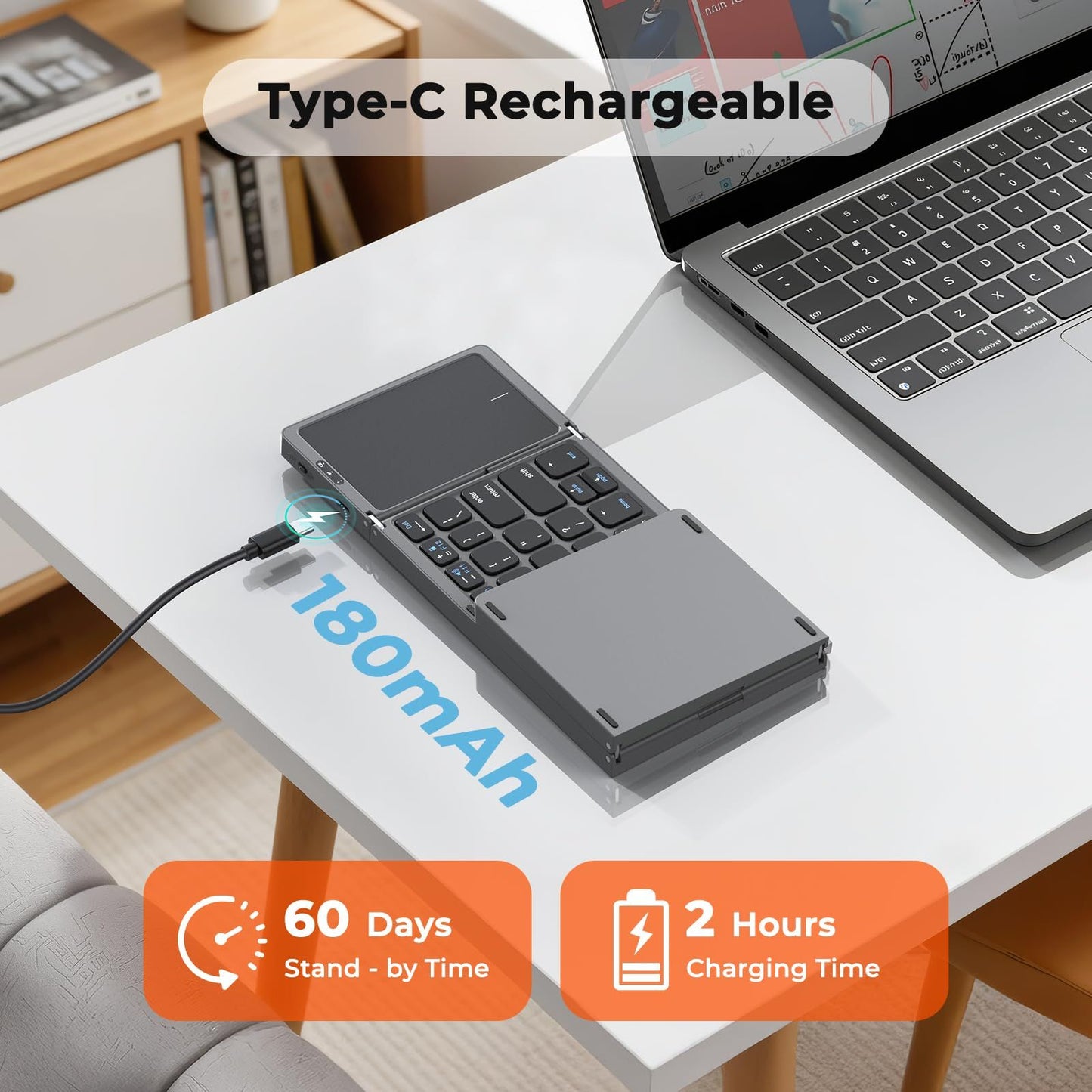 Foldable Bluetooth Keyboard with Touchpad, Wireless Portable Keyboard, Ultra Slim Rechargeable Folding Keyboard with Full-Size Keys for iOS Android Windows Laptop Tablet PC,Grey